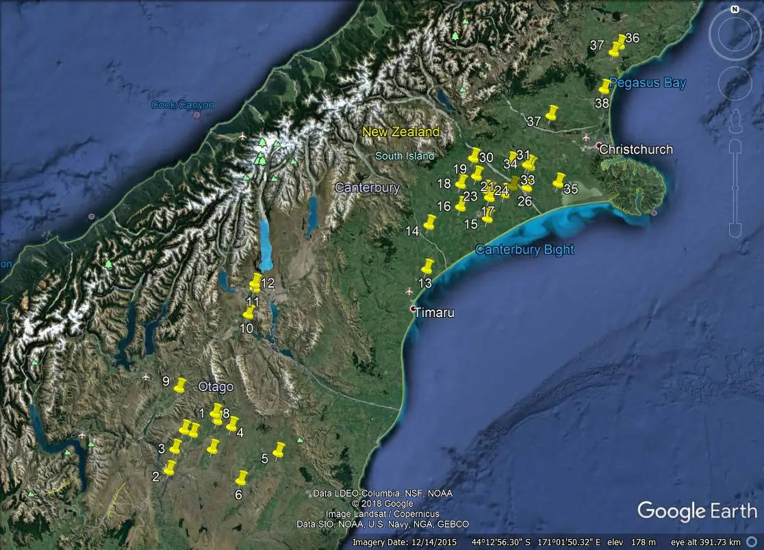 Map of the South Island marking the fertigation systems installed across Canterbury and Otago.